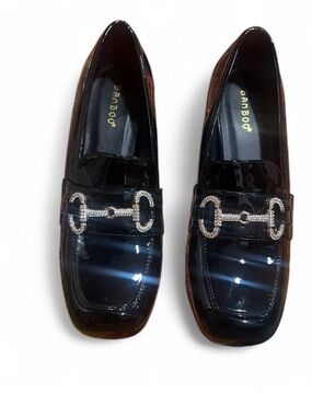 Bamboo Black Patent Loafers with Rhinestone Bit Detail